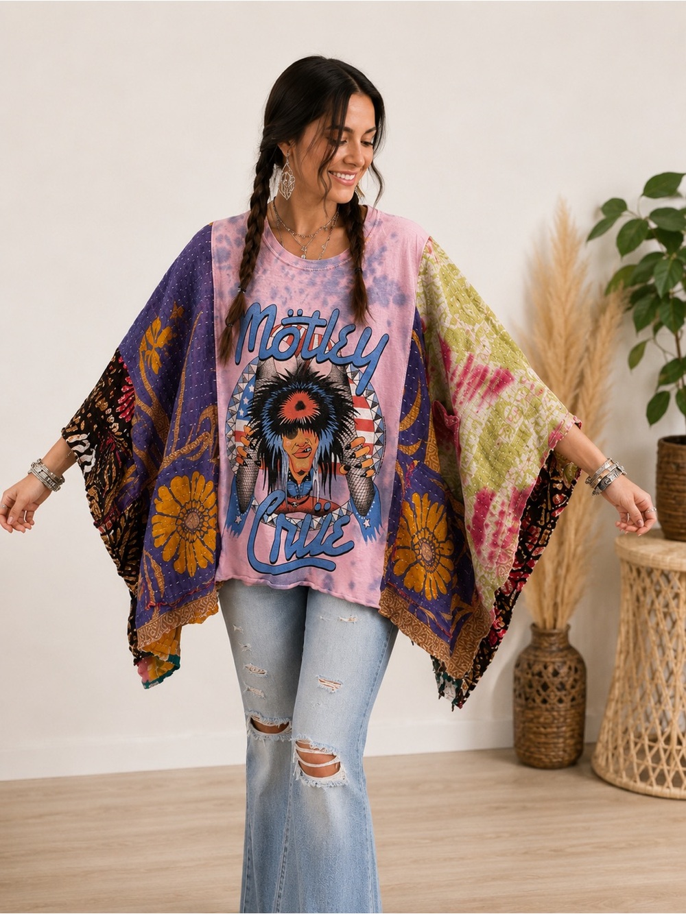 Mötley Crüe Kantha Upcycled Poncho Top OOAK Granny D Original Festival